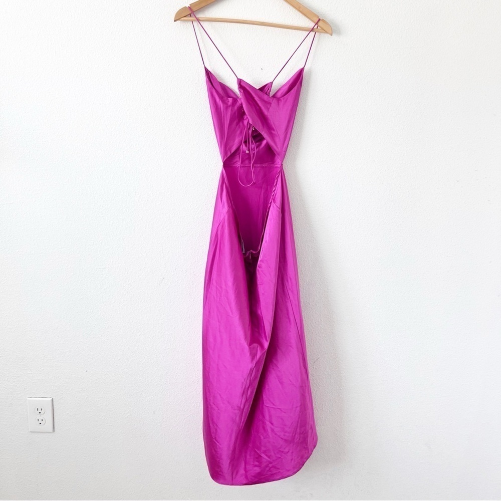 Runaway The Label Magenta Satin Midi Dress Draped Front Cowl Neck Slip Formal - Picture 7 of 9